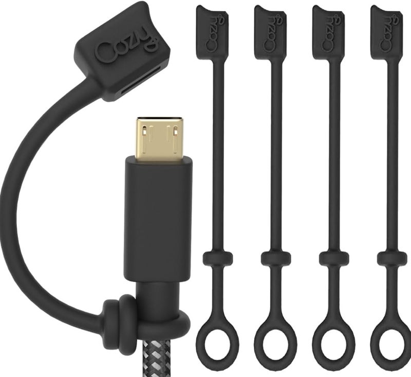 Cozy [4-Piece] USB Caps/Tether for Micro USB Cable & Compatible with Apple Charging Cable (Black) - Image 1