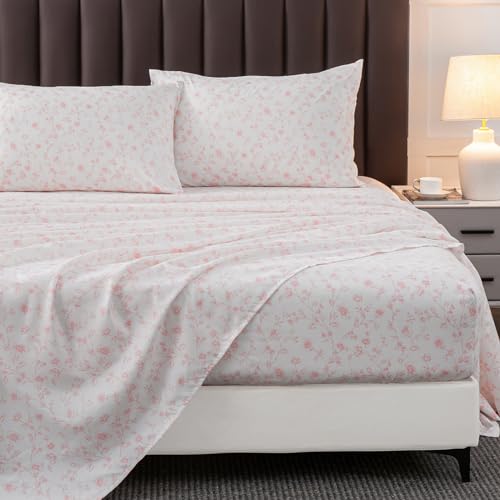 HYPREST Pink Floral Sheets QueenDeep Pocket Sheets 1800 Thread Count Pattrn Bed Sheets Soft Breathable Cute Aesthetic Shabby Chic Bed Sheets OekoTex Certificated Up to 18 Inch