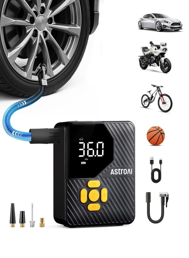 AstroAI L7 Mini Tire Inflator Portable Air Compressor,150 PSI Cordless Car Tires Air Pump with LED Lights&Pressure Gauge,Auto Shut-Off - Tire Pump for Auto,Motorcycle, Bicycle, Ball Yellow - Image 1