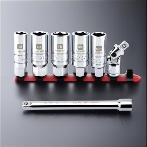 LLNDEI 3/8 Inch Drive Spark Plug Socket Set SAE & Metric, High Visibility 6 Point Sockets CR-V Steel, Mirror Polished Sockets with Rubber Retaining Rings-Spark Plug Removal Tool for Car Repair 7PCS - Image 2