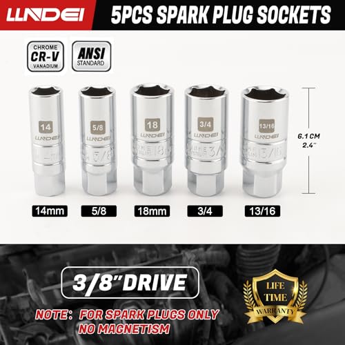 LLNDEI 3/8 Inch Drive Spark Plug Socket Set SAE & Metric, High Visibility 6 Point Sockets CR-V Steel, Mirror Polished Sockets with Rubber Retaining Rings-Spark Plug Removal Tool for Car Repair 7PCS - Image 3