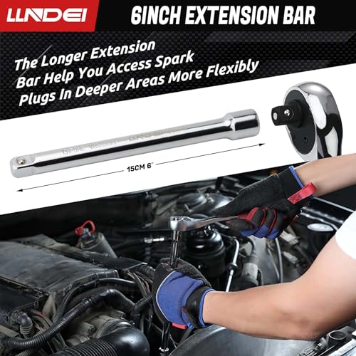 LLNDEI 3/8 Inch Drive Spark Plug Socket Set SAE & Metric, High Visibility 6 Point Sockets CR-V Steel, Mirror Polished Sockets with Rubber Retaining Rings-Spark Plug Removal Tool for Car Repair 7PCS - Image 4