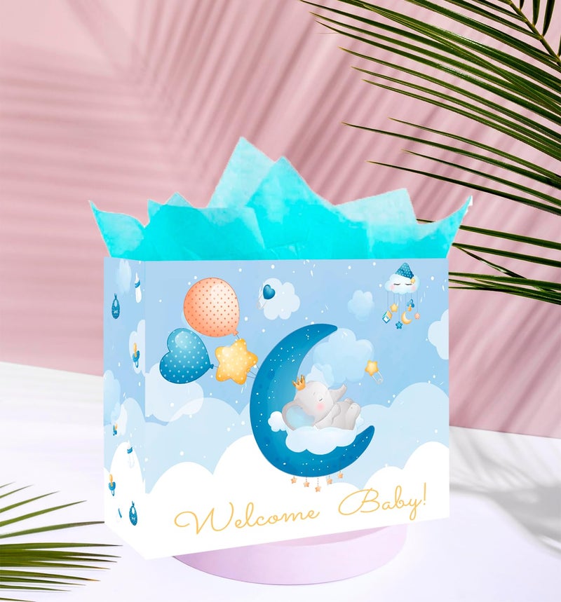 Gfinyhm 13"" Baby Boy Gift Bag For Baby Shower Or Birthday With Handle  Tissue Paper And Greeting Card (Elephant) - Image 2