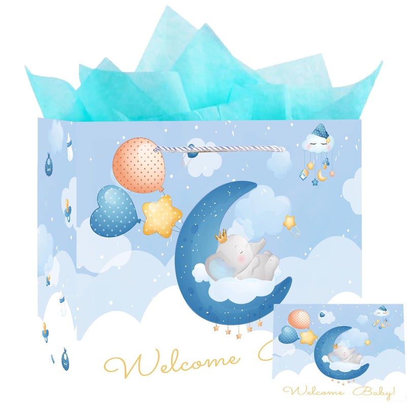Gfinyhm 13"" Baby Boy Gift Bag For Baby Shower Or Birthday With Handle  Tissue Paper And Greeting Card (Elephant) - Image 1
