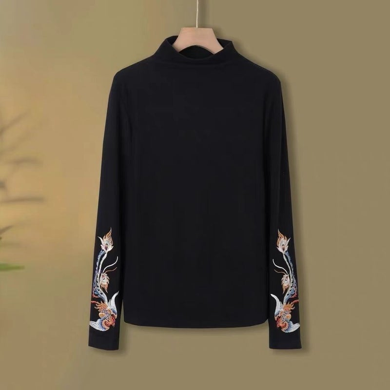 Thickened Warm Artistic Retro Embroidered All-Match Top Ethnic Style Chinese Half-High Collar Double-Sided Fleece T-Shirt - Image 1