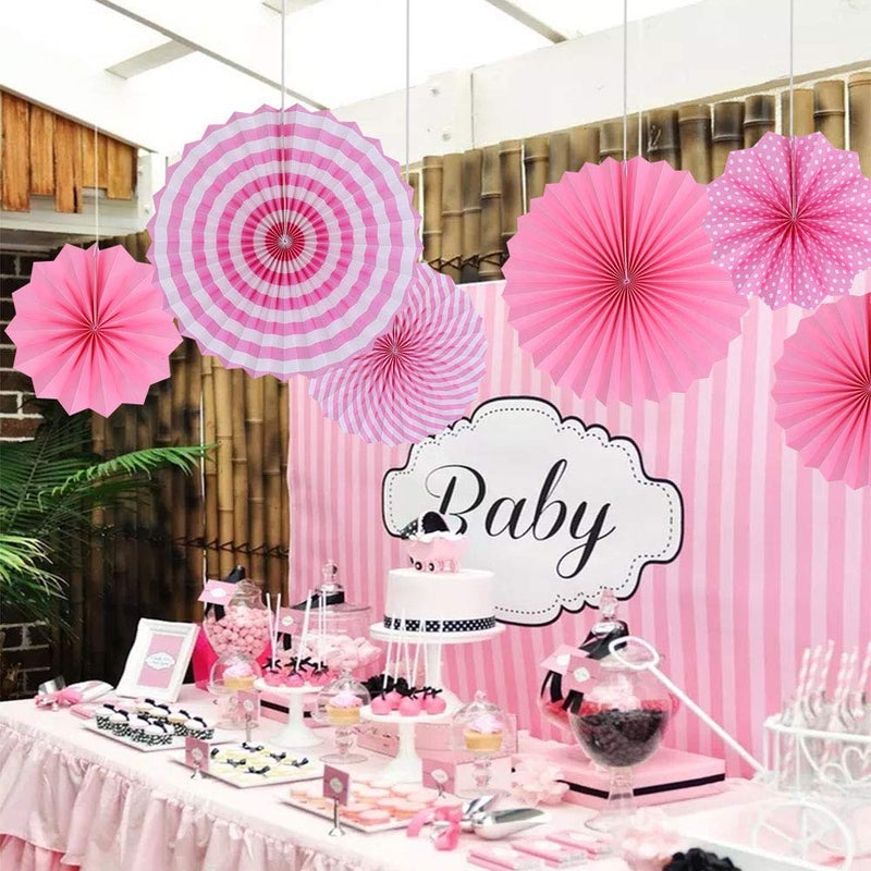 HK balloons Hanging Red Paper Fans Decoration Set for Wedding Birthday Anniversary Baby Shower Festive Decorations New Year Round Events Accessories Set of 6 Pink - Image 4