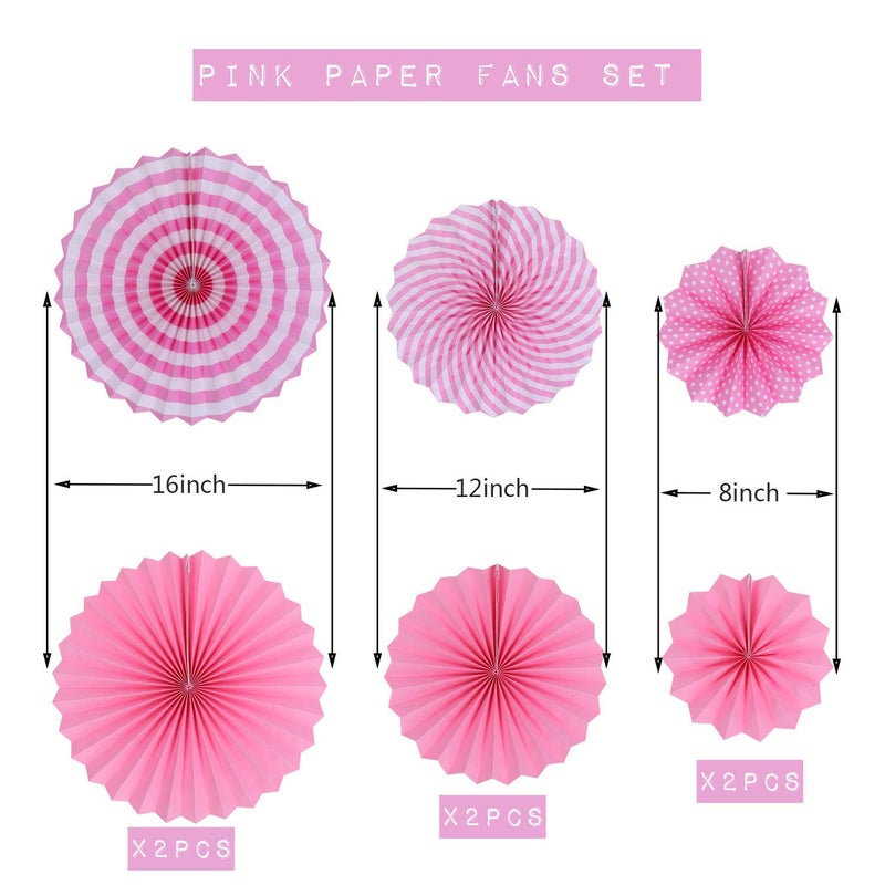 HK balloons Hanging Red Paper Fans Decoration Set for Wedding Birthday Anniversary Baby Shower Festive Decorations New Year Round Events Accessories Set of 6 Pink - Image 2