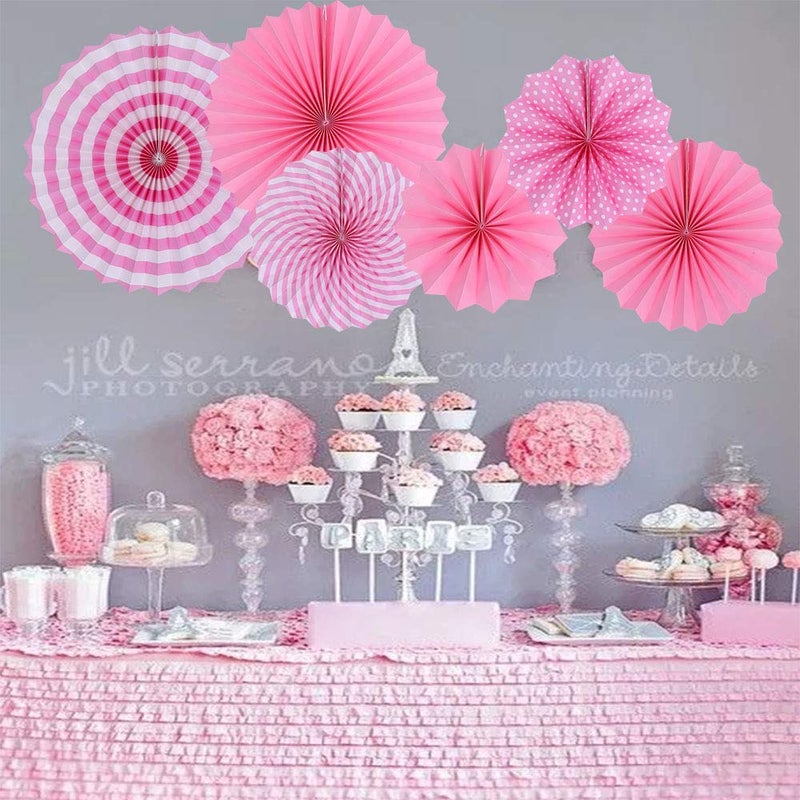 HK balloons Hanging Red Paper Fans Decoration Set for Wedding Birthday Anniversary Baby Shower Festive Decorations New Year Round Events Accessories Set of 6 Pink - Image 5