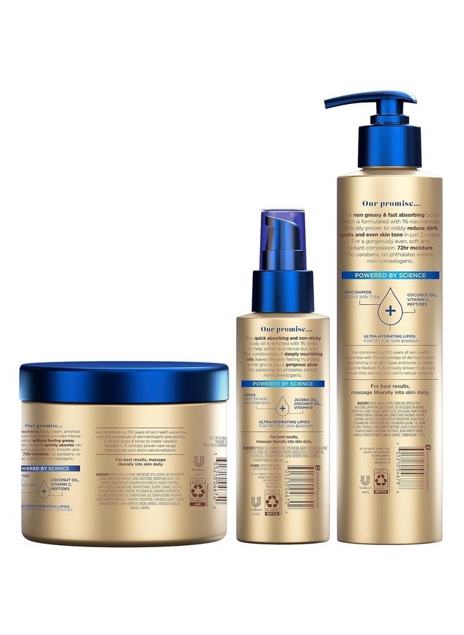 Vaseline Vaseline Radiant X Skin Care Set - Even Tone Nourishing Body Lotion with 1% Niacinamide, Deep Nourishment Body Cream with Vitamin C + Hydrating Body Oil with Vitamin E (3 Piece Set)  - Image 2