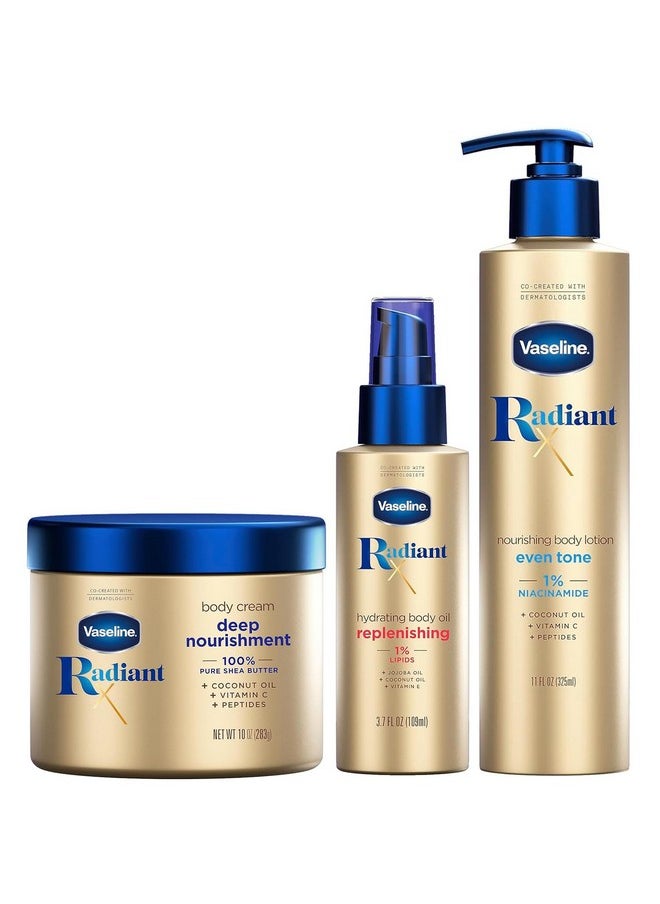 Vaseline Vaseline Radiant X Skin Care Set - Even Tone Nourishing Body Lotion with 1% Niacinamide, Deep Nourishment Body Cream with Vitamin C + Hydrating Body Oil with Vitamin E (3 Piece Set)  - Image 1
