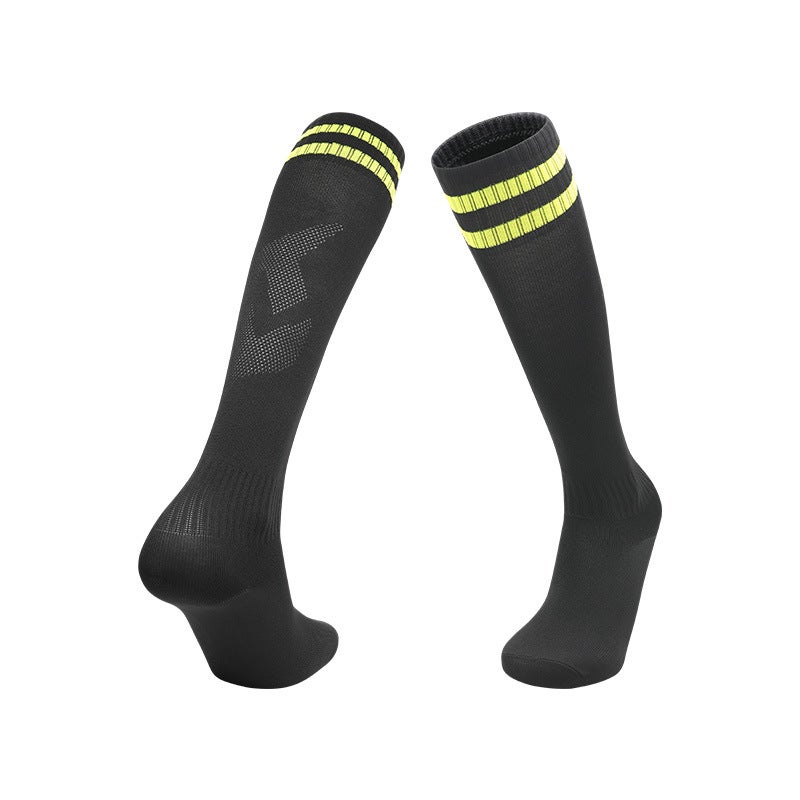 Adult Thin Striped Football Socks High Tube Sports Black fluorescent 