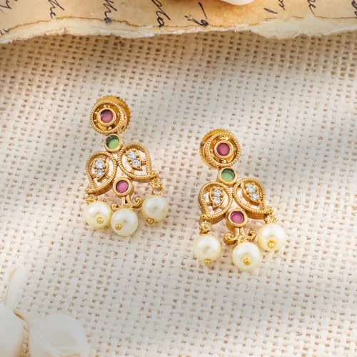 Rubans 22K Gold-Plated Ruby, Emerald & Zirconia Studded Necklace Set with Pearl Drops - Image 2