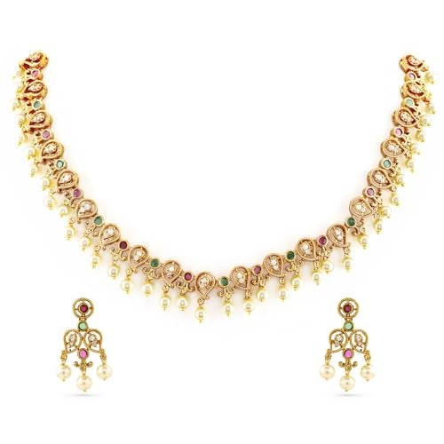 Rubans 22K Gold-Plated Ruby, Emerald & Zirconia Studded Necklace Set with Pearl Drops - Image 1
