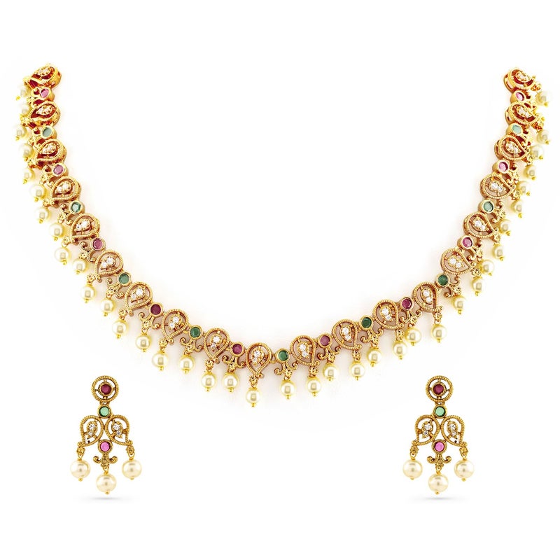 Rubans 22K Gold-Plated Ruby, Emerald & Zirconia Studded Necklace Set with Pearl Drops - Image 5