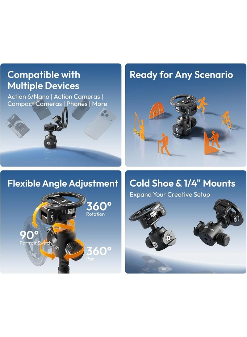 ULANZI EA05 3-in-1 Multifunctional Ball Head, Tripod Ball Head Mount w Magnetic Ring + 1/4" Screw, 360° Rotating Panoramic Head w Cold Shoe for Phone, Action Camera, DSLR, Tripod, 3.3lbs Load - Image 3