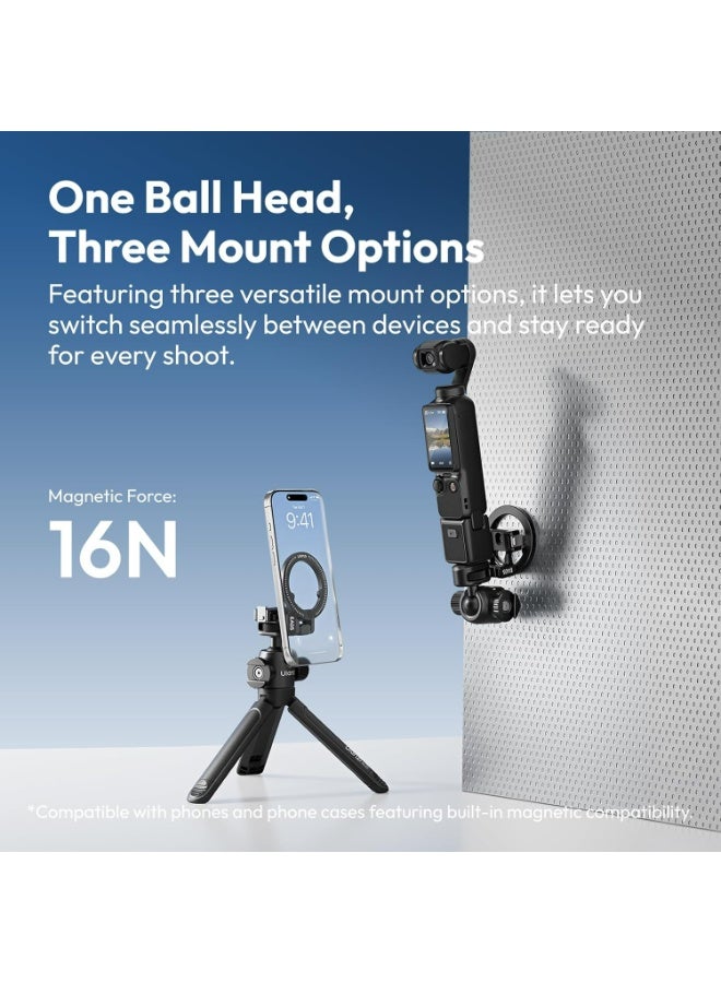 ULANZI EA05 3-in-1 Multifunctional Ball Head, Tripod Ball Head Mount w Magnetic Ring + 1/4" Screw, 360° Rotating Panoramic Head w Cold Shoe for Phone, Action Camera, DSLR, Tripod, 3.3lbs Load - Image 2