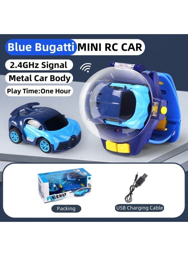 Shake The Same Mini Children's Watch Remote Control Police Car 2.4g Alloy Remote Control Car Children's Toy Remote Control Car-Color:Alloy Blue Cloth Gadi (charging Version)  - Image 1