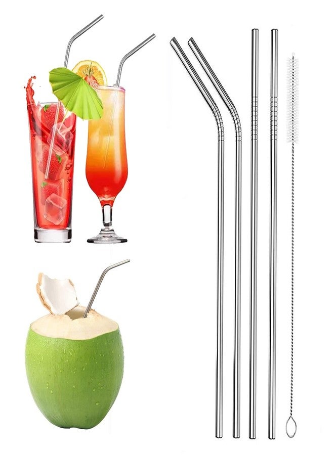 Bulfyss Reusable BPA-Free Metal, Thick, Long, Dishwasher Safe Stainless Steel Drinking Straws, 8.5 Inches (2 Straight, 2 Bend and 1 Cleaning Brush - Set of 4 - Image 1
