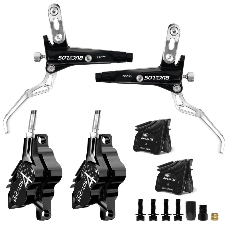 BUCKLOS MTB Hydraulic Disc Brake Set 4 Pistons Front 850mm and Rear 1550mm Hydraulic Brakes with Aluminum Alloy Lever with Caliper Ceramic Brake Pad Fit Mountain Bike,Ebike,Fat Bike HB-CP4 (Pre-Bled) - Image 1