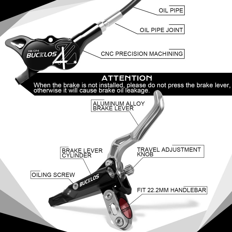 BUCKLOS MTB Hydraulic Disc Brake Set 4 Pistons Front 850mm and Rear 1550mm Hydraulic Brakes with Aluminum Alloy Lever with Caliper Ceramic Brake Pad Fit Mountain Bike,Ebike,Fat Bike HB-CP4 (Pre-Bled) - Image 3
