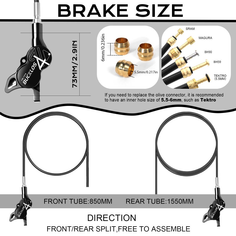 BUCKLOS MTB Hydraulic Disc Brake Set 4 Pistons Front 850mm and Rear 1550mm Hydraulic Brakes with Aluminum Alloy Lever with Caliper Ceramic Brake Pad Fit Mountain Bike,Ebike,Fat Bike HB-CP4 (Pre-Bled) - Image 5