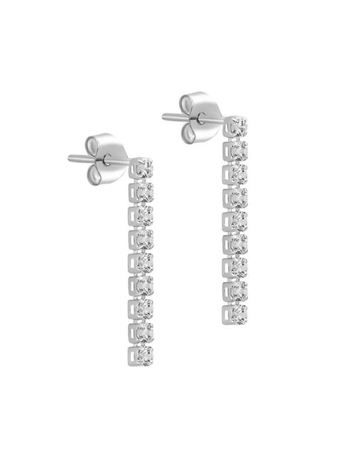 Women's tennis earrings, screw-in and with high-quality zircon stones, plated with 18-karat white gold, consisting of arranged circles designed in the shape of an earring.