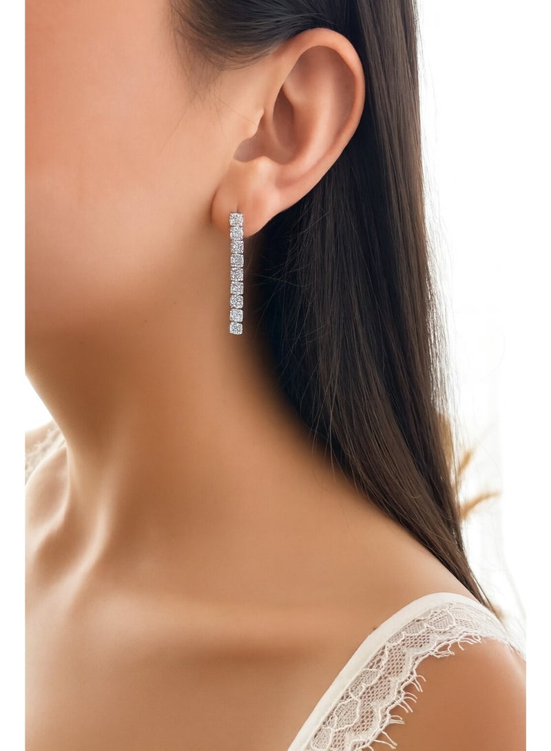 Women's tennis earrings, screw-in and with high-quality zircon stones, plated with 18-karat white gold, consisting of arranged circles designed in the shape of an earring. - Image 2