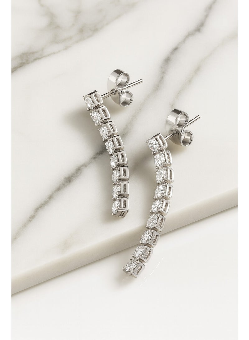 Women's tennis earrings, screw-in and with high-quality zircon stones, plated with 18-karat white gold, consisting of arranged circles designed in the shape of an earring. - Image 5