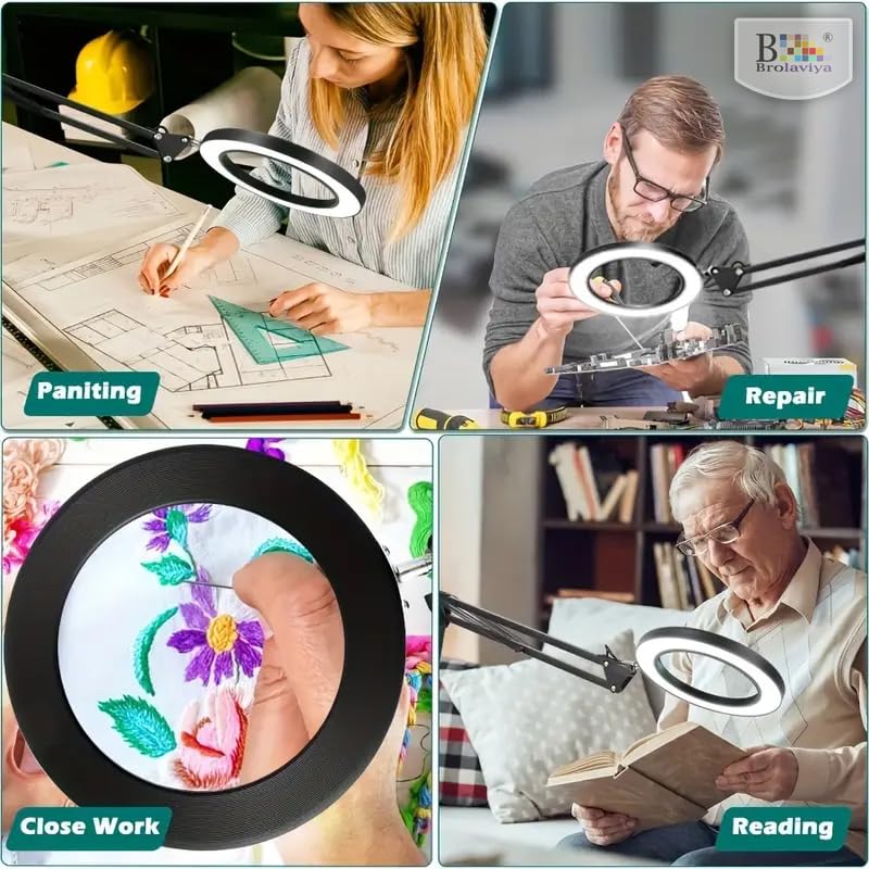 BROLAVIYA Overhead Heavy Base 5X Magnifying Glass with Led Light and Stand, 3 Color Modes Dimmable, Flexible Metal Arm, Magnifier Desk Lamp for Crafts, Makeup, Reading, Photography – Black - Image 2