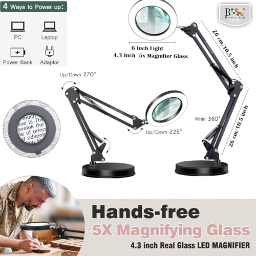 BROLAVIYA Overhead Heavy Base 5X Magnifying Glass with Led Light and Stand, 3 Color Modes Dimmable, Flexible Metal Arm, Magnifier Desk Lamp for Crafts, Makeup, Reading, Photography – Black - Image 3