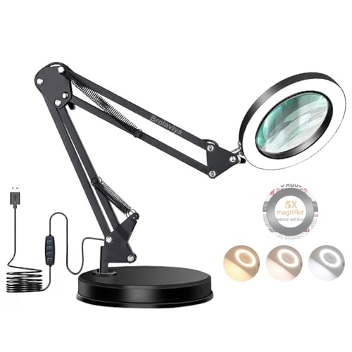 BROLAVIYA Overhead Heavy Base 5X Magnifying Glass with Led Light and Stand, 3 Color Modes Dimmable, Flexible Metal Arm, Magnifier Desk Lamp for Crafts, Makeup, Reading, Photography – Black - Image 1