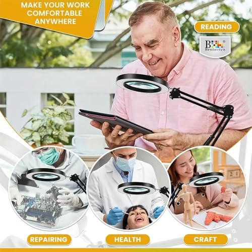 BROLAVIYA Overhead Heavy Base 5X Magnifying Glass with Led Light and Stand, 3 Color Modes Dimmable, Flexible Metal Arm, Magnifier Desk Lamp for Crafts, Makeup, Reading, Photography – Black - Image 4