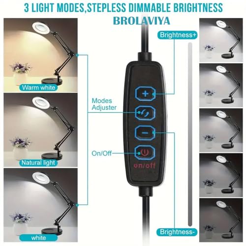 BROLAVIYA Overhead Heavy Base 5X Magnifying Glass with Led Light and Stand, 3 Color Modes Dimmable, Flexible Metal Arm, Magnifier Desk Lamp for Crafts, Makeup, Reading, Photography – Black - Image 5