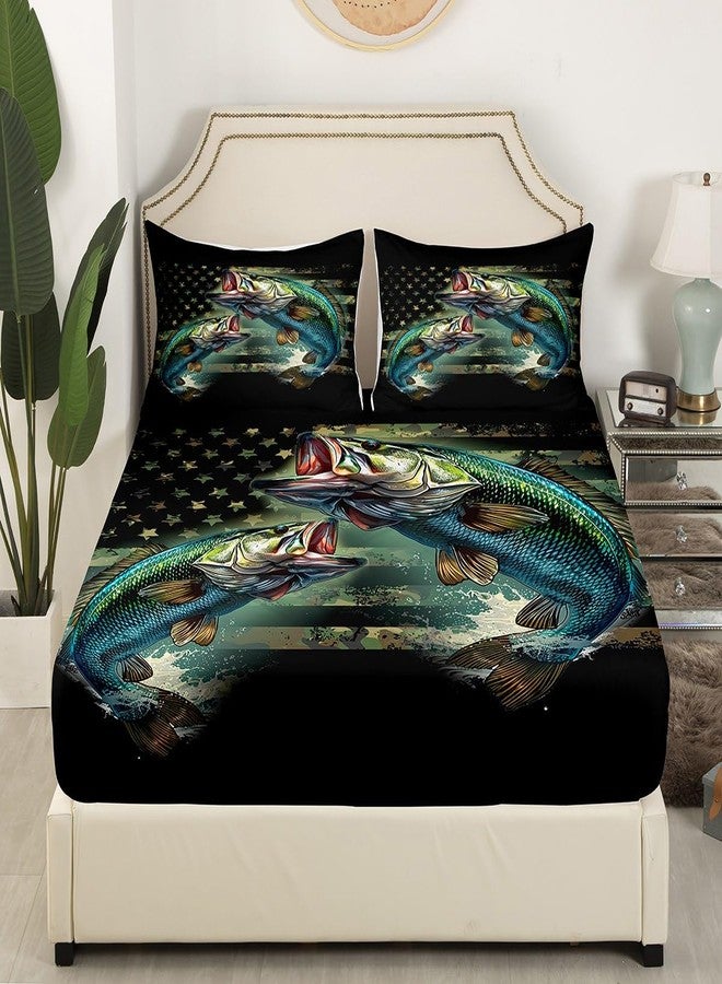 Feelyou Kids Pike Fish Fitted Sheet American Flag Bed Sheet Set Twin Size for Boys Girls Teens Bass Big Fish Bedding Set Fishing and Hunting Green Bed Cover Deep Pocket with 1 Pillow Case - Image 3
