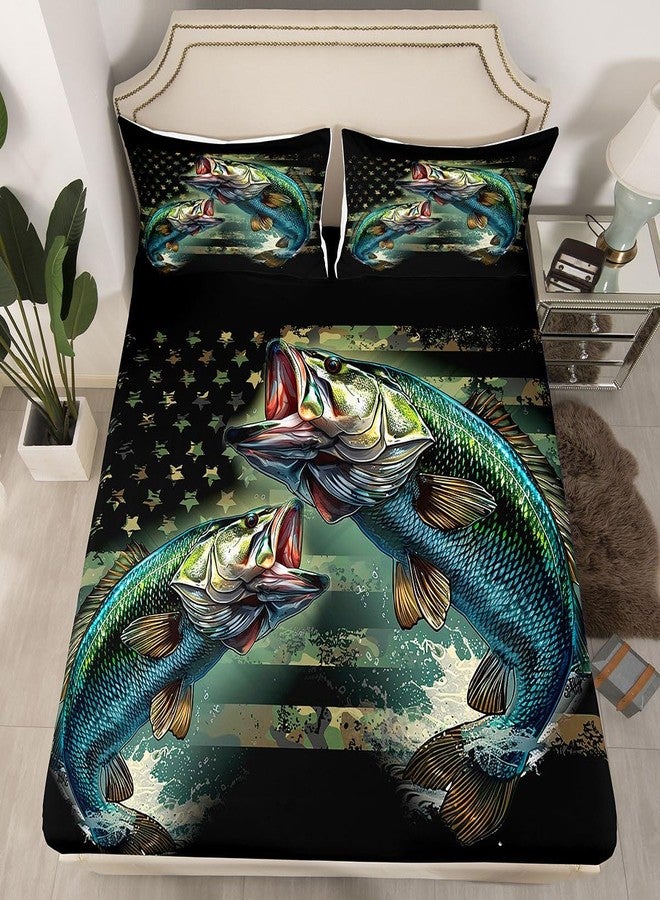 Feelyou Kids Pike Fish Fitted Sheet American Flag Bed Sheet Set Twin Size for Boys Girls Teens Bass Big Fish Bedding Set Fishing and Hunting Green Bed Cover Deep Pocket with 1 Pillow Case - Image 1