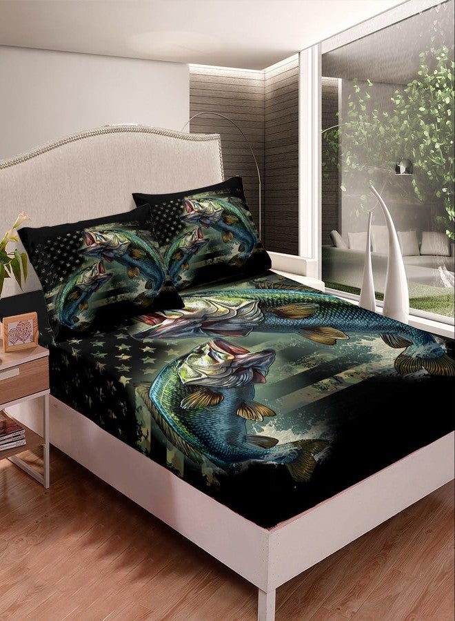 Feelyou Kids Pike Fish Fitted Sheet American Flag Bed Sheet Set Twin Size for Boys Girls Teens Bass Big Fish Bedding Set Fishing and Hunting Green Bed Cover Deep Pocket with 1 Pillow Case - Image 2