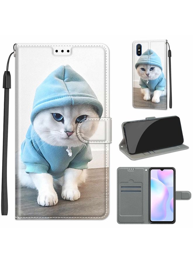 HuHa Case Cover For Xiaomi Redmi 9A Voltage Coloured Drawing Magnetic Clasp Horizontal Flip PU Leather Case with Holder & Card Slots C15 Blue Sweater White Cat