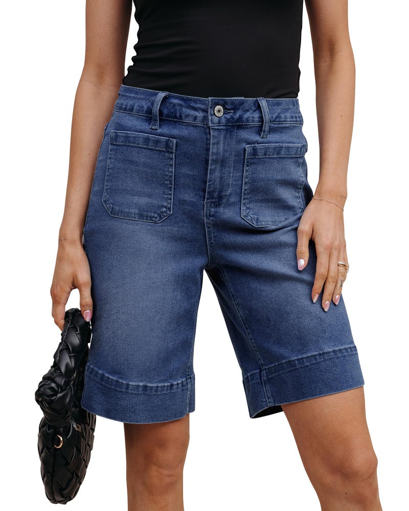 Luvamia High Waisted Denim Bermuda Shorts Women Modern Blue Size Large - Image 1
