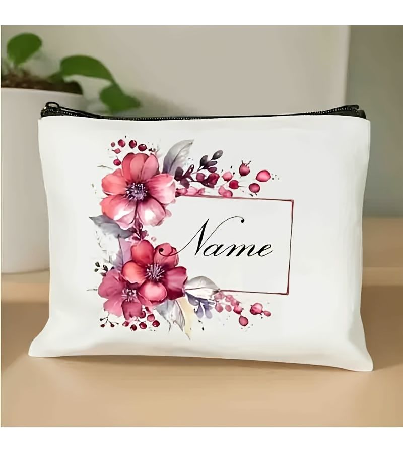 Personalized Red Floral Makeup Bag Large Capacity Beige Cosmetic Organizer 1pc - Image 2