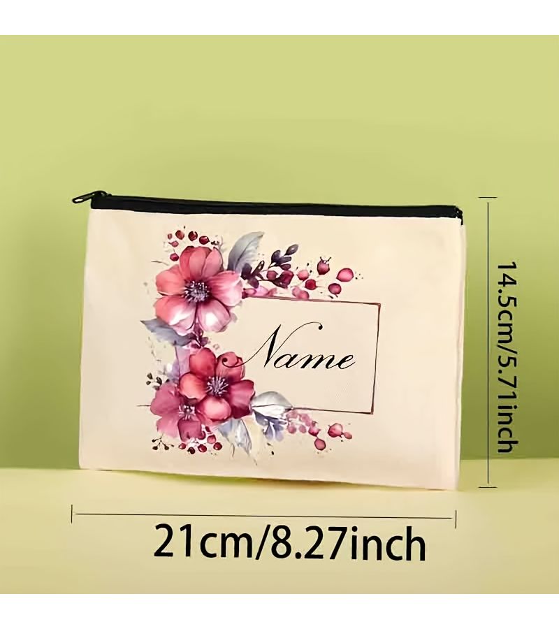 Personalized Red Floral Makeup Bag Large Capacity Beige Cosmetic Organizer 1pc - Image 4
