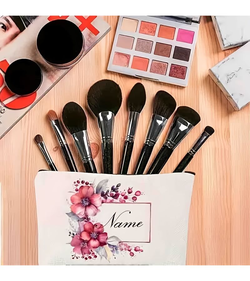 Personalized Red Floral Makeup Bag Large Capacity Beige Cosmetic Organizer 1pc - Image 3