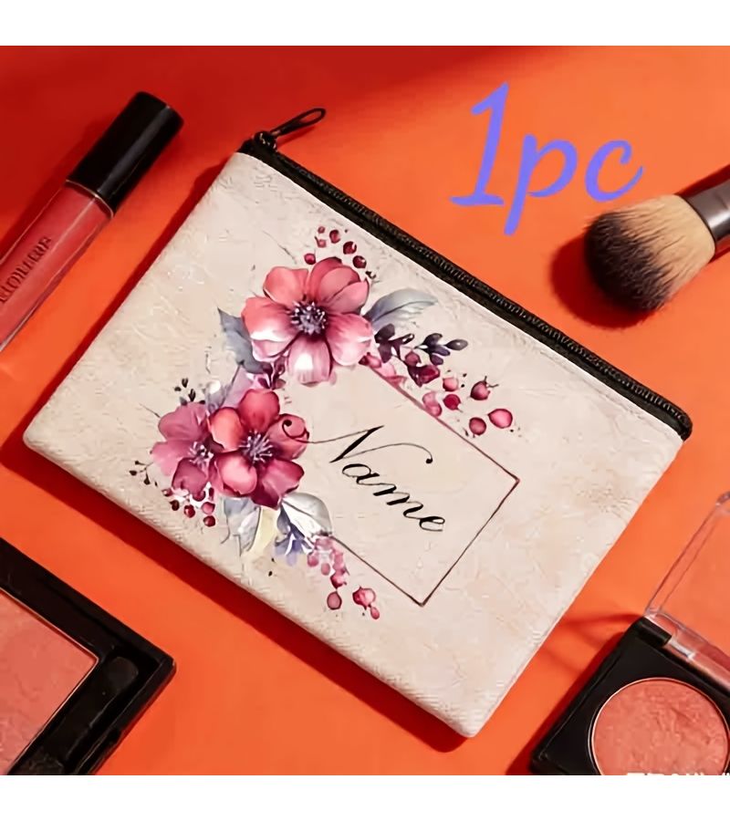 Personalized Red Floral Makeup Bag Large Capacity Beige Cosmetic Organizer 1pc - Image 1