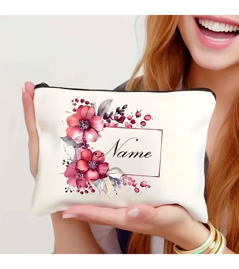 Personalized Red Floral Makeup Bag Large Capacity Beige Cosmetic Organizer 1pc - Image 5