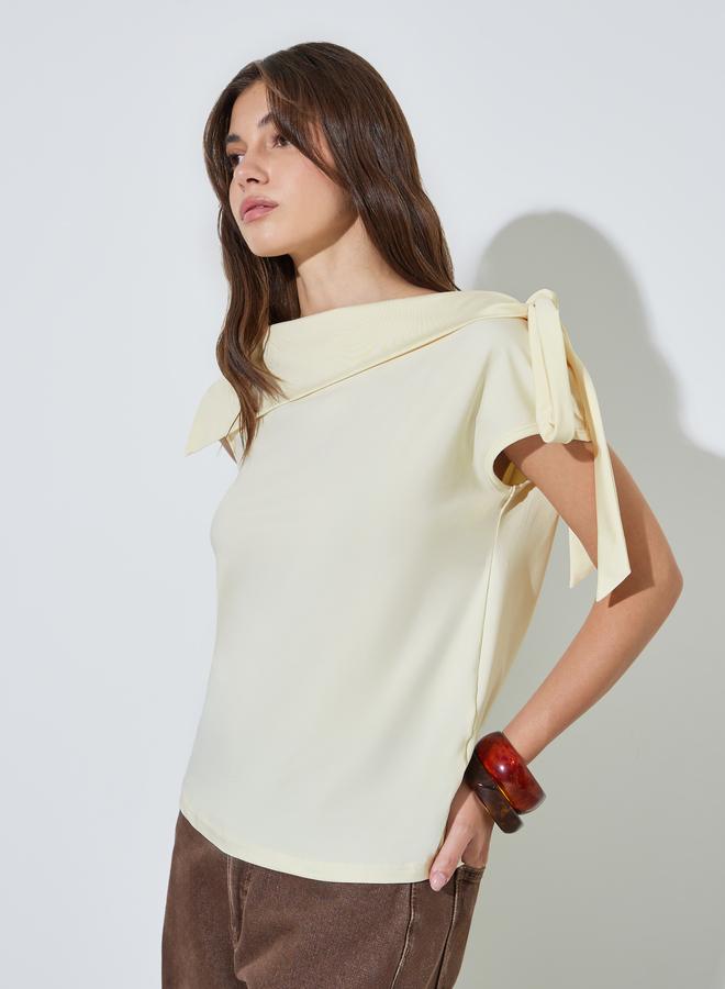 Styli Yellow Fold-Over Asymmetric Neck Knit Top - Image 1