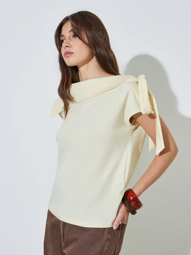 Styli Styli Yellow Fold-Over Asymmetric Neck Knit Top