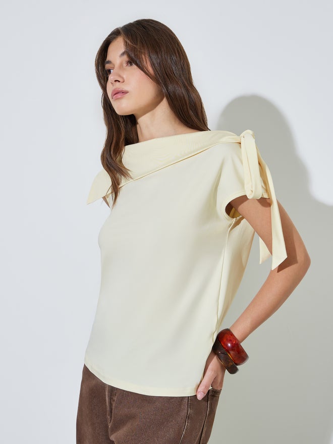 Styli Yellow Fold-Over Asymmetric Neck Knit Top - Image 1