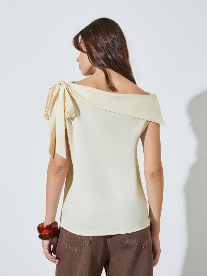 Styli Yellow Fold-Over Asymmetric Neck Knit Top - Image 4