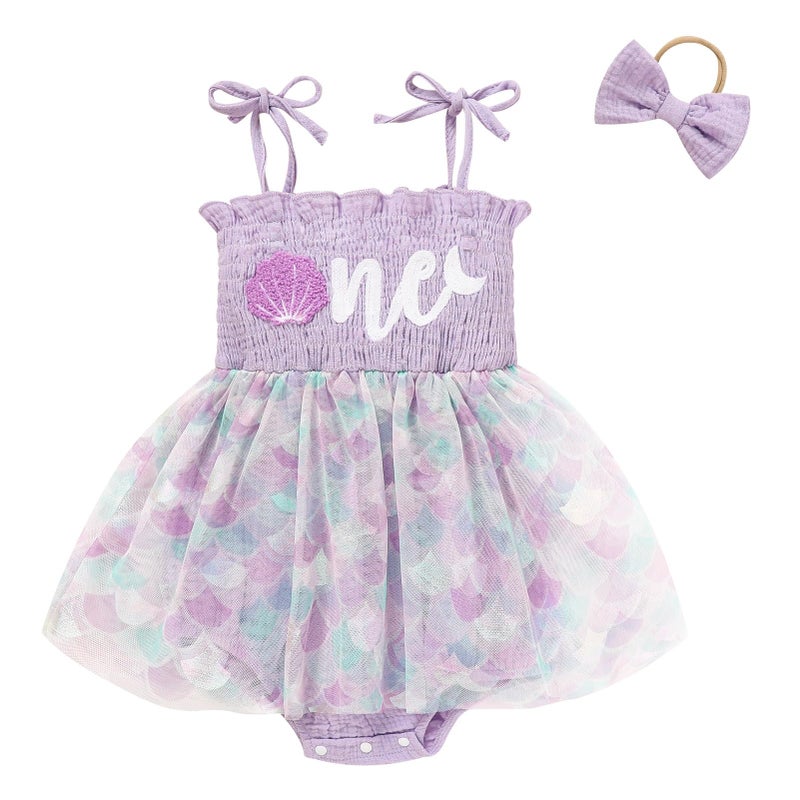 TITKKOP Baby Girl 1st Birthday Clothes One Year Old Tulle Romper Sleeveless Bodysuit Cake Smash Outfits(mermaid,12-18M) - Image 1