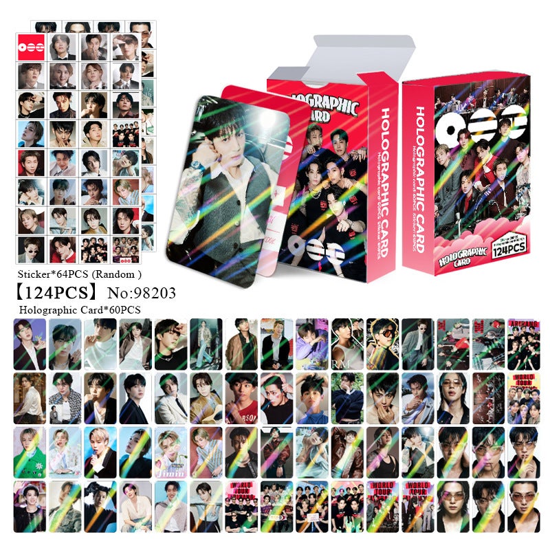 BTS 124PCS Holographic Cards & Star Stickers Set – 60PCS Holographic LOMO Cards + 64PCS Random Celebrity Stickers for DIY Scrapbooking, Album Decoration, Journaling, and Birthday Gift for Teens