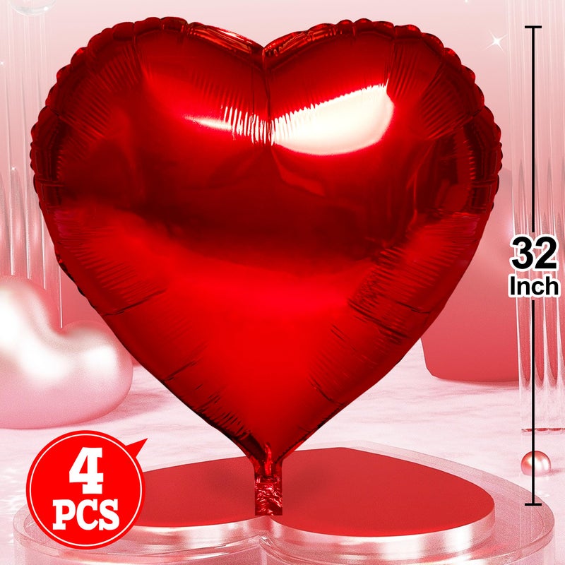 kortes Red Heart Balloons- 4Pcs 32inch Foil Heart Balloon, Valentine Day Balloons, Room Decorations Kit Party Props Decor Love Balloons Red Valentines Day Heart Balloons - Image 2